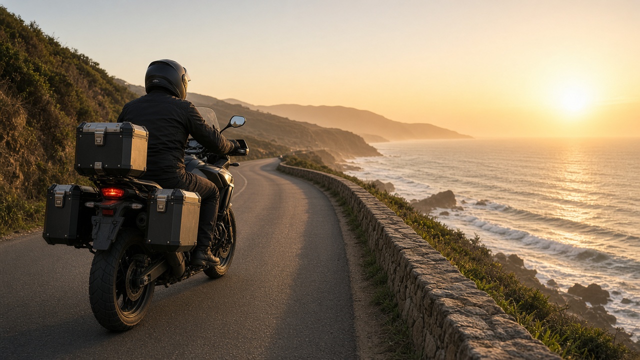 Rider on a coastal road at sunset