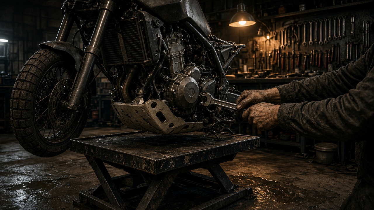 Motorcycle on a workshop lift